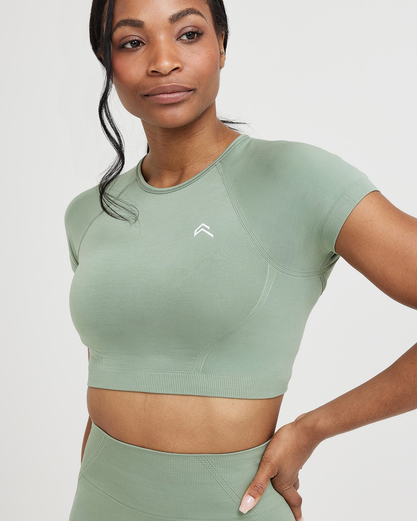 EffortlessLift™ Seamless Short Sleeve Crop Top with White Logo | Sage - Image 3