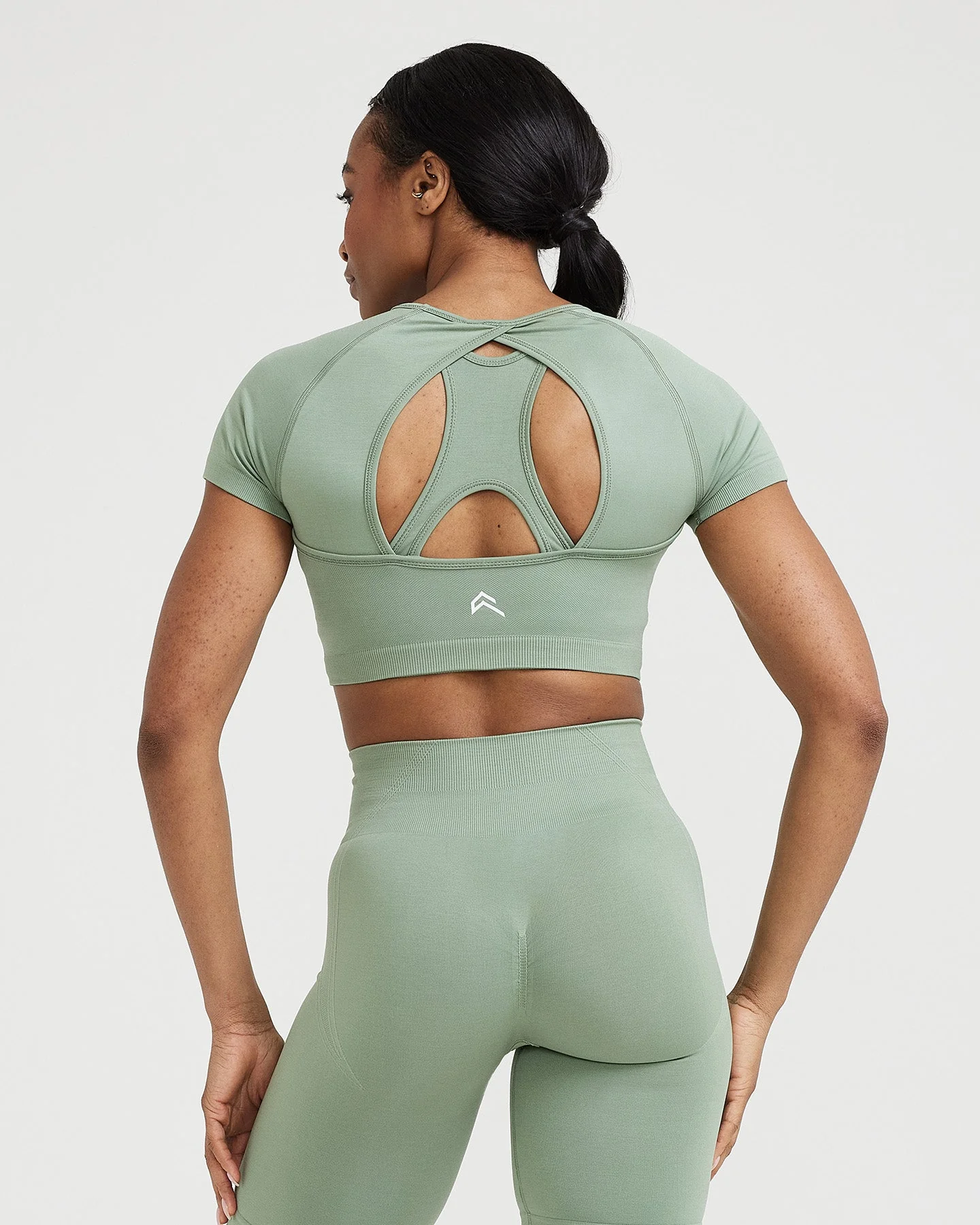 EffortlessLift™ Seamless Short Sleeve Crop Top with White Logo | Sage - Image 4