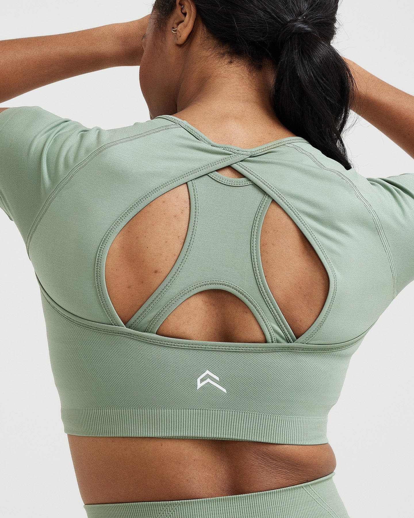 EffortlessLift™ Seamless Short Sleeve Crop Top with White Logo | Sage - Image 5