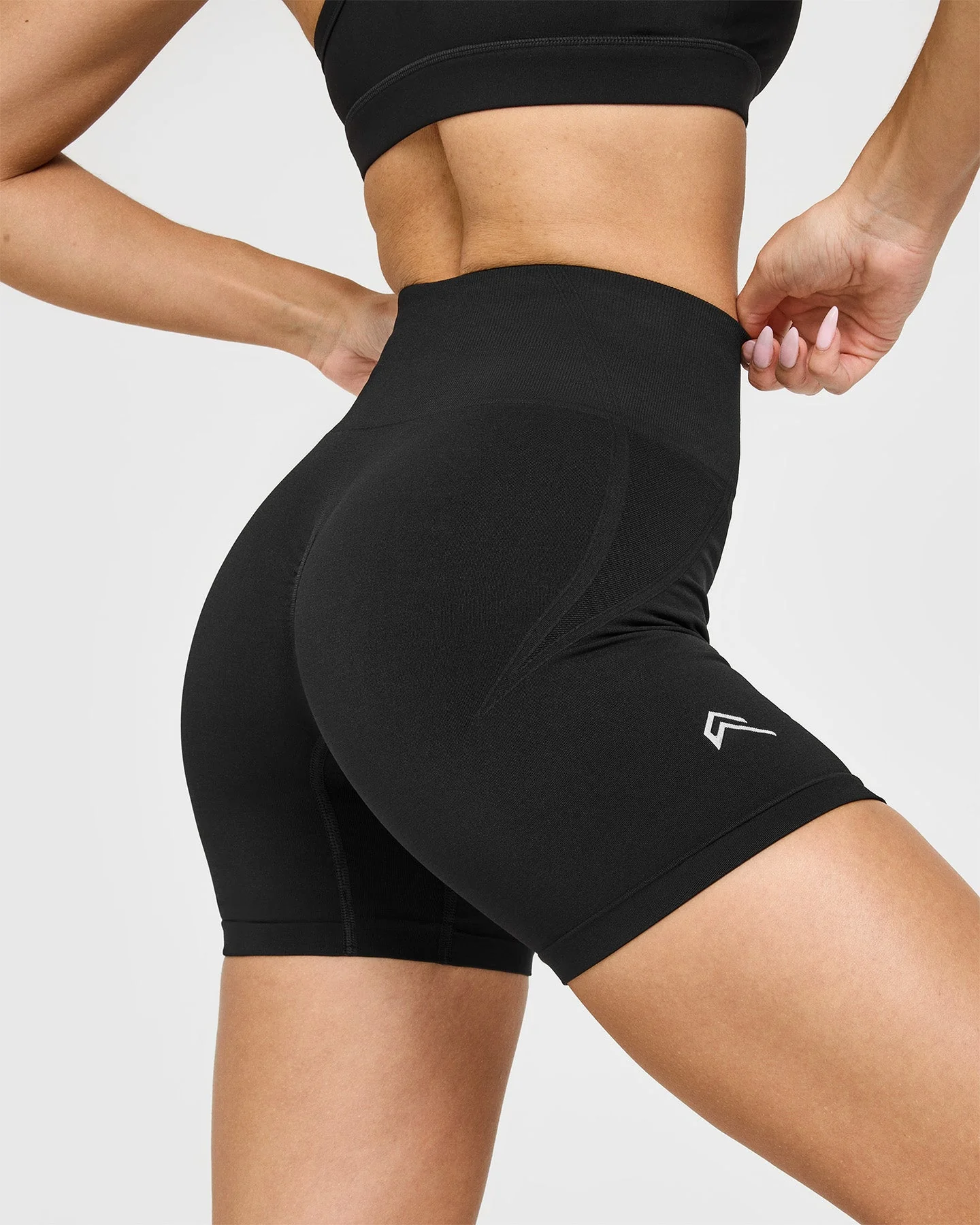 EffortlessLift™ Seamless Shorts with White Logo | Black - Image 5