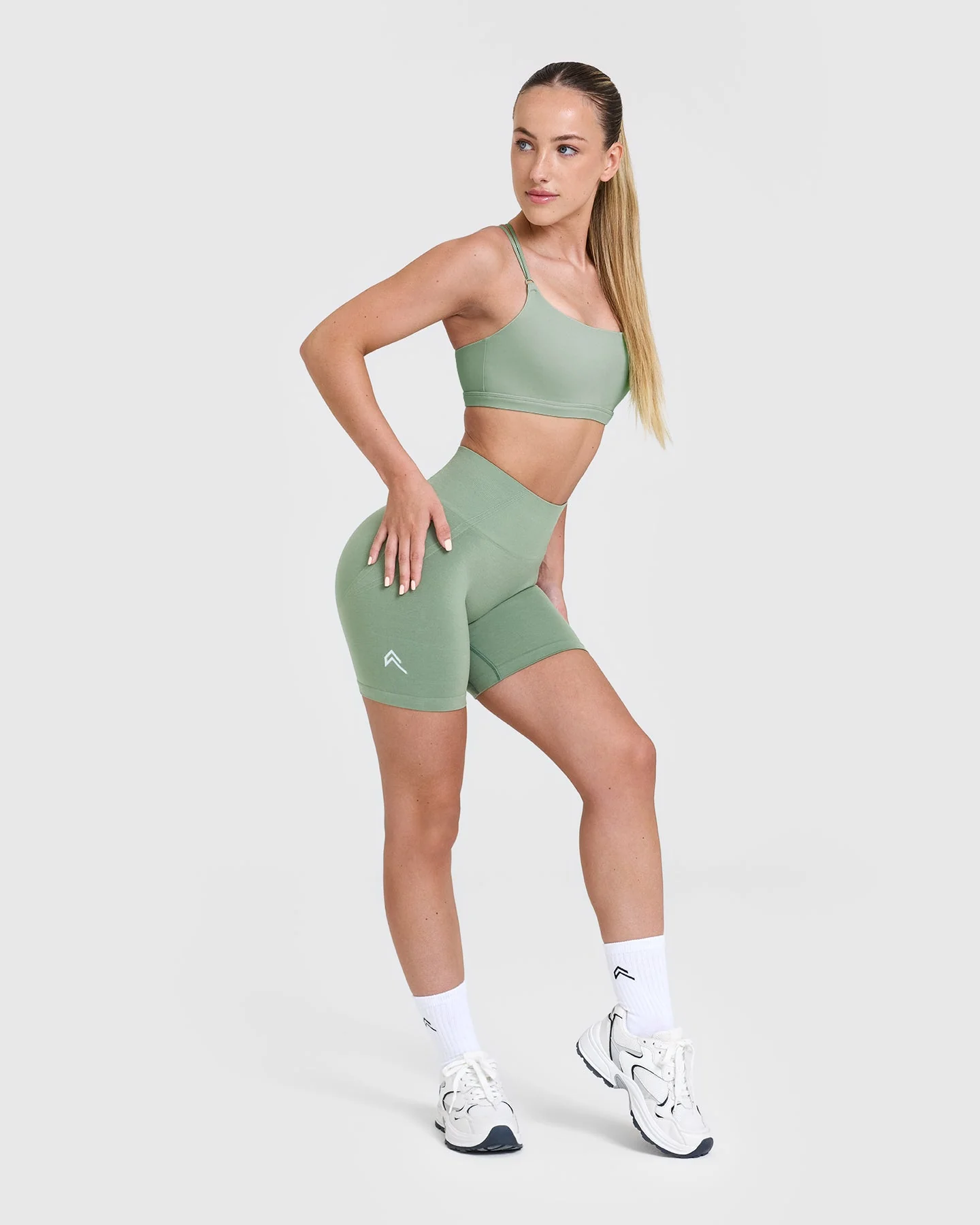 EffortlessLift™ Seamless Shorts with White Logo | Sage - Image 3